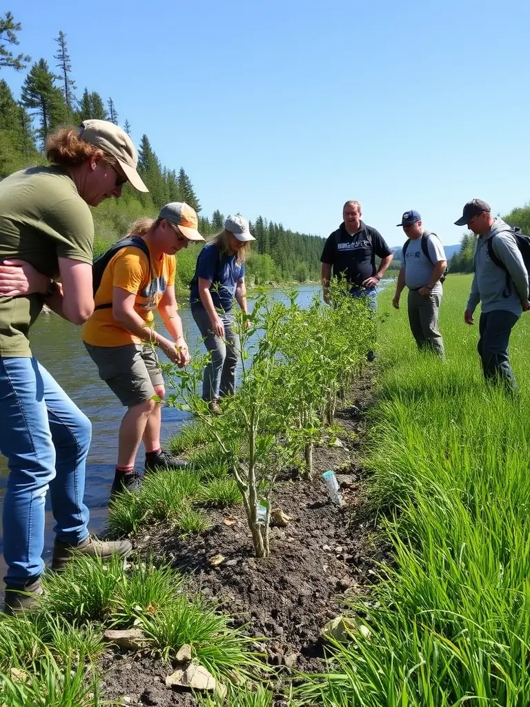 A photograph showing TRAPPEURS 19 volunteers participating in a habitat restoration project, planting native trees and removing invasive species along a riverbank. The image should emphasize community involvement and hands-on conservation efforts.