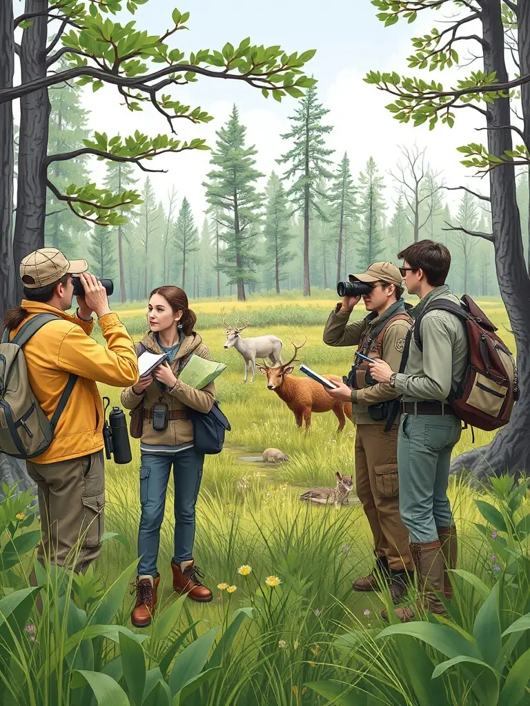 A photograph depicting a group of TRAPPEURS 19 members conducting a wildlife census in a forest, using binoculars and notebooks to record their observations. The image should convey a sense of scientific rigor and dedication to data collection.