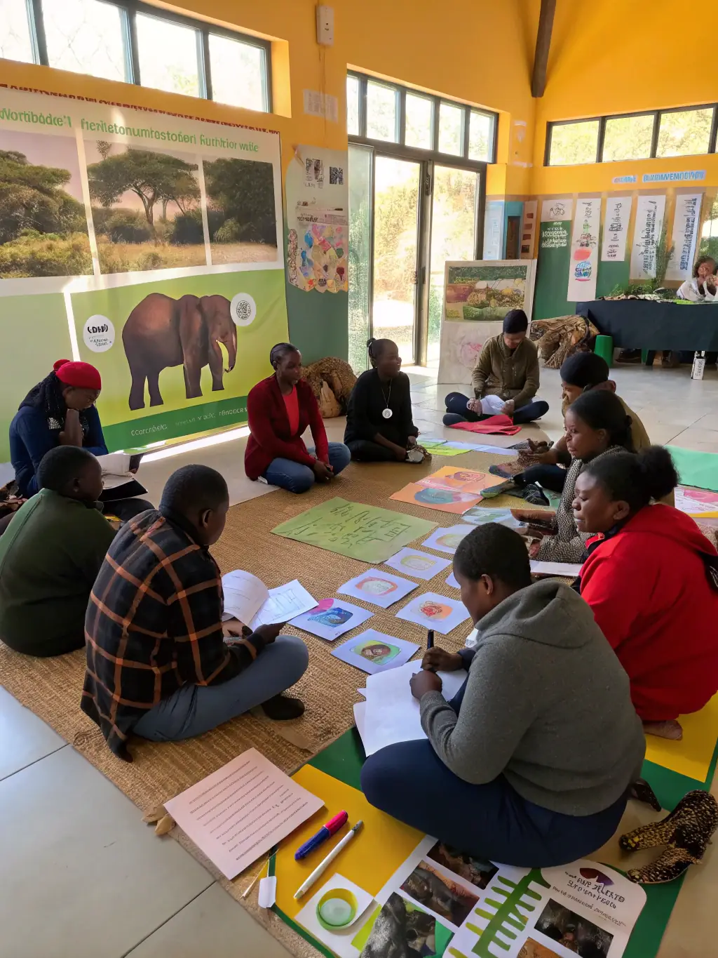 A photograph of a TRAPPEURS 19 educational workshop, with a facilitator teaching community members about responsible trapping techniques and wildlife conservation principles. The image should highlight the importance of knowledge sharing and community engagement.
