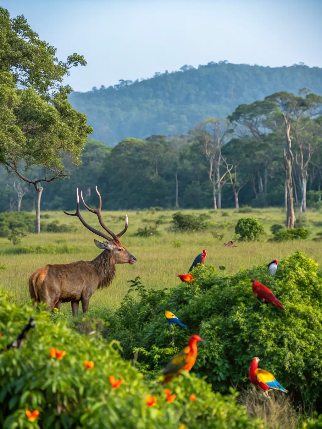 A serene image of a forest with diverse wildlife, representing TRAPPEURS 19's commitment to preserving biodiversity through sustainable wildlife management programs.