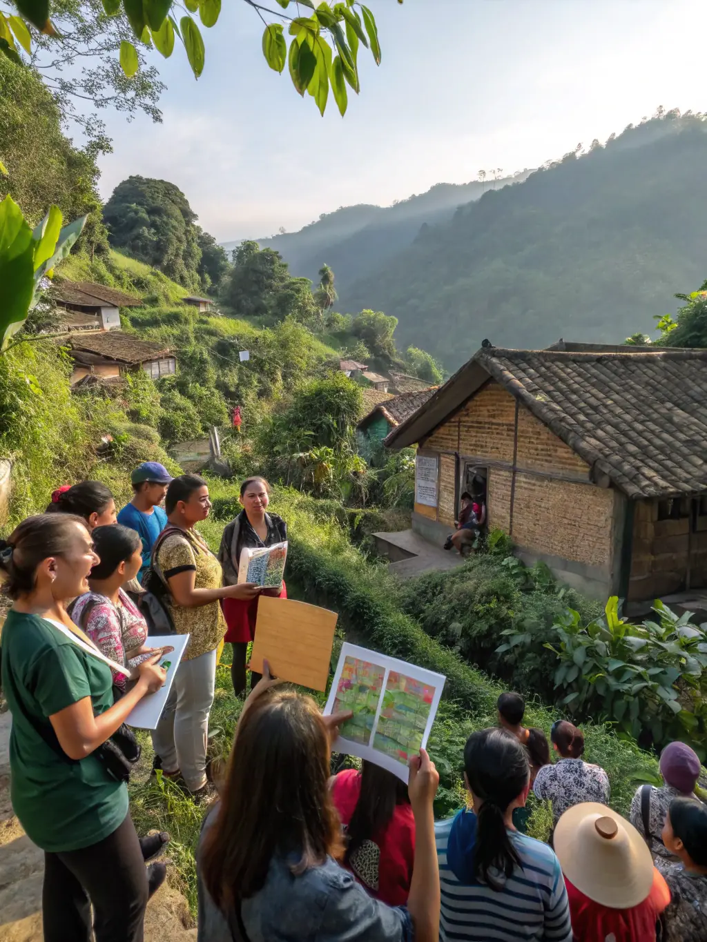 A photograph showcasing TRAPPEURS 19 members working with local farmers to implement wildlife-friendly agricultural practices, such as creating buffer zones and reducing pesticide use. The image should demonstrate collaboration and sustainable land management.