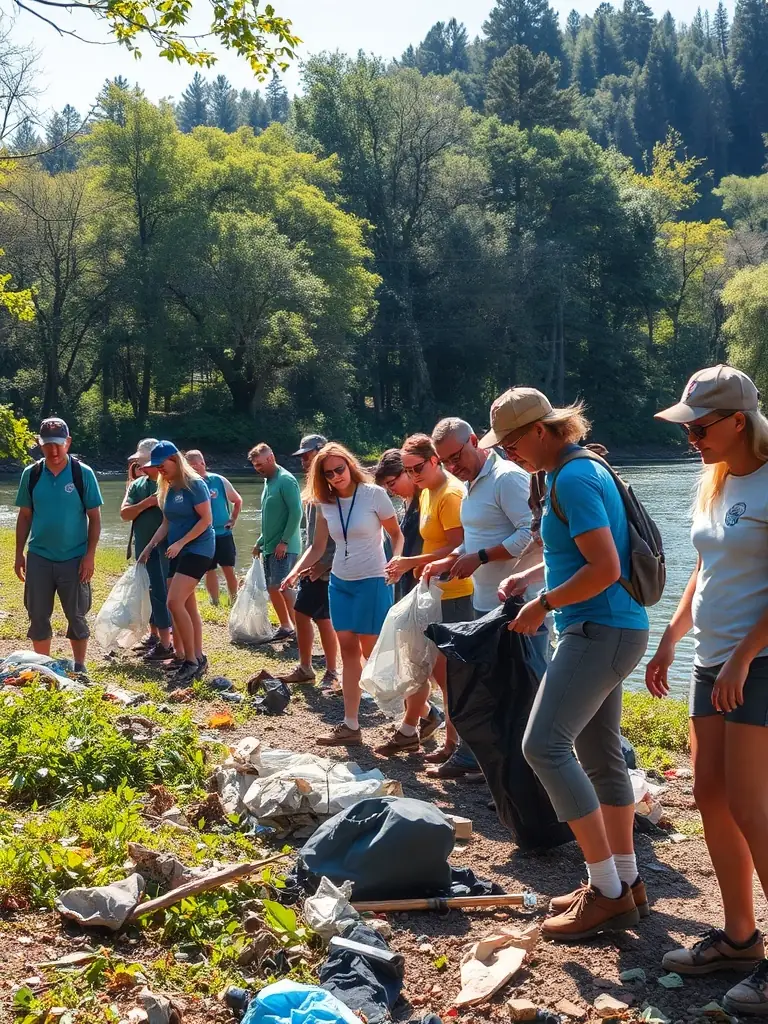 An image of a group of people cleaning up a polluted riverbank, representing TRAPPEURS 19's environmental cleanup campaigns.