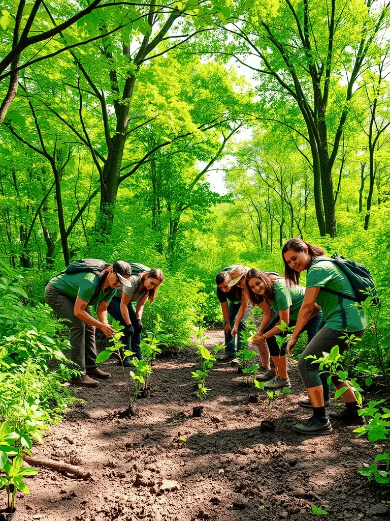 A photograph of volunteers planting trees in a deforested area, illustrating TRAPPEURS 19's reforestation program.